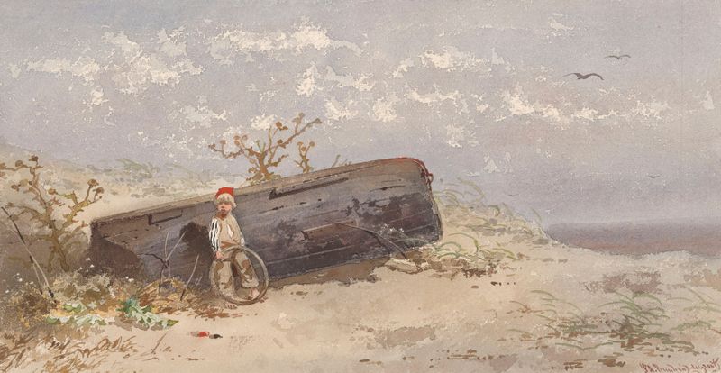 Oil on canvas by Frans Arnold Breuhaus de Groot depicting a boat on the beach.