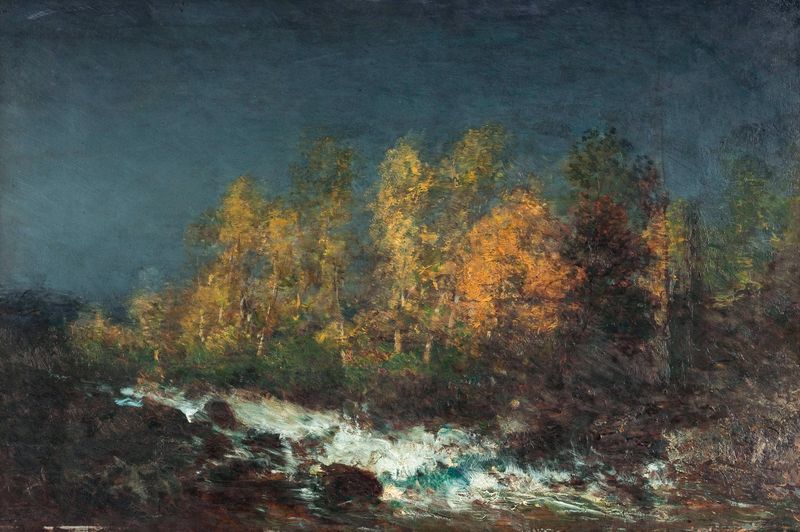 Landscape depicting a river torrent and blue hues by Félix Ziem, oil painting
