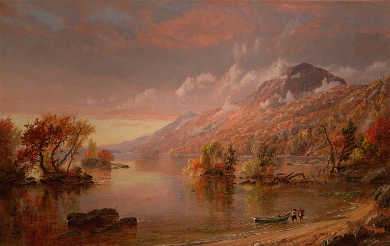 Lake George de Jasper Francis Cropsey, pintura al óleo que representa un lago tranquilo y un cielo expansivo.