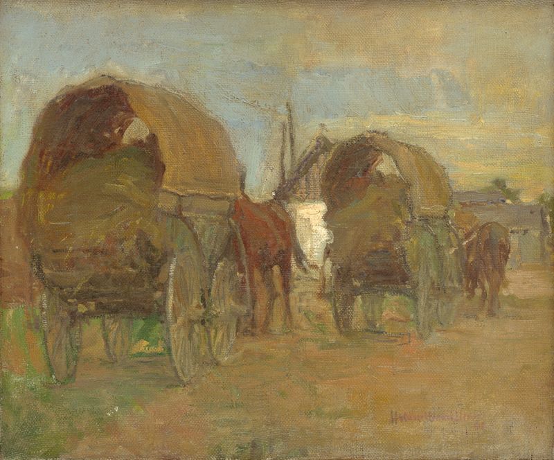 Gypsy Caravans by Elemír Halász-Hradil, oil on canvas depicting colorful caravans in a luminous landscape.