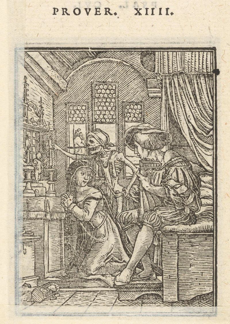 Grabado figurativo en papel de Hans Holbein (II) que representa la vida y la muerte.
