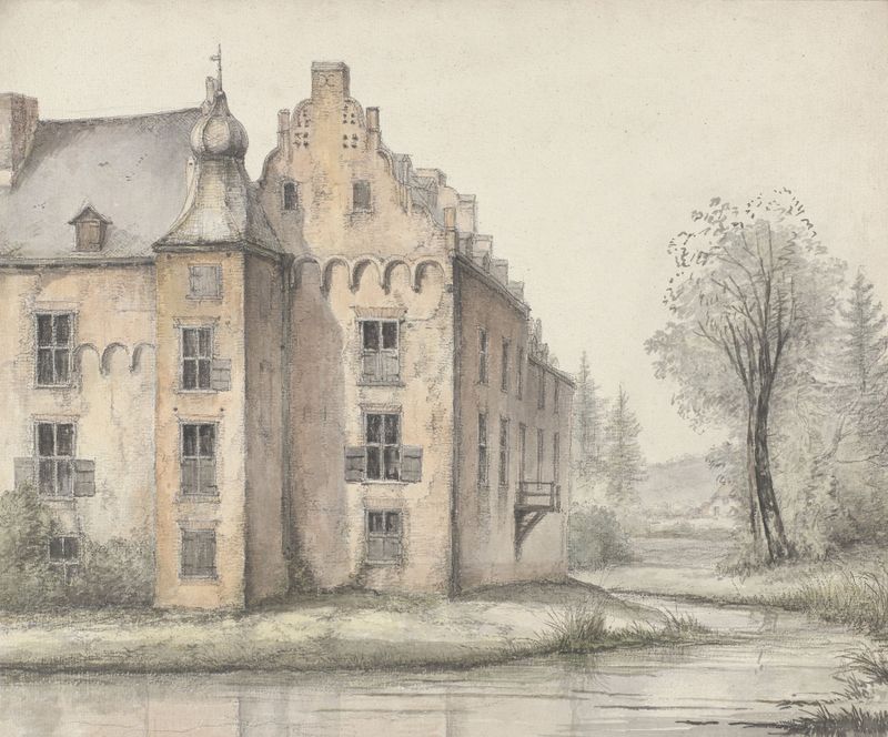Landscape oil painting by George Pieter Westenberg featuring a castle and trees.