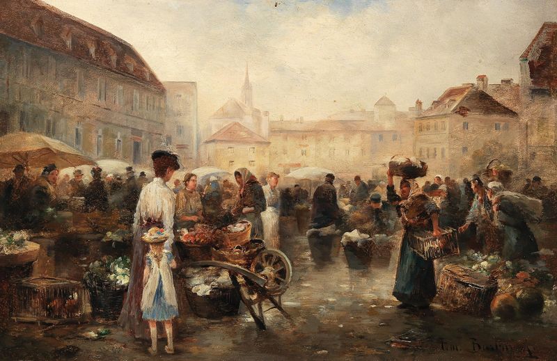 Flower Market in Krems de Emil Barbarini, impresionismo, representando flores coloridas en un mercado
