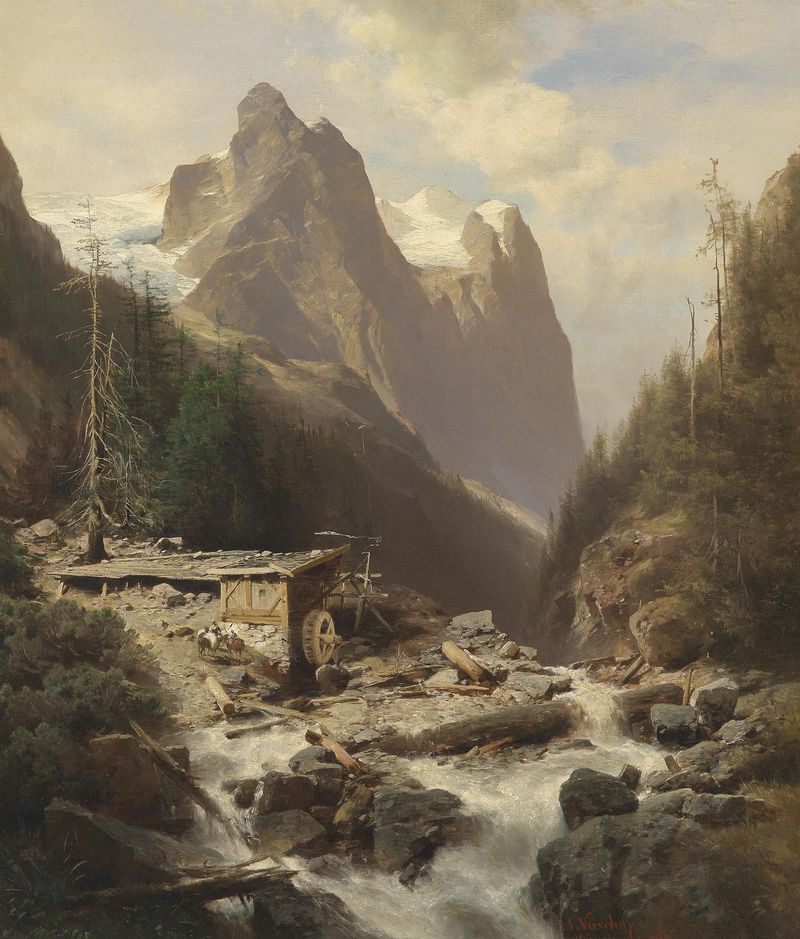Landscape featuring mountains and light by Leopold Heinrich Vöscher, oil painting