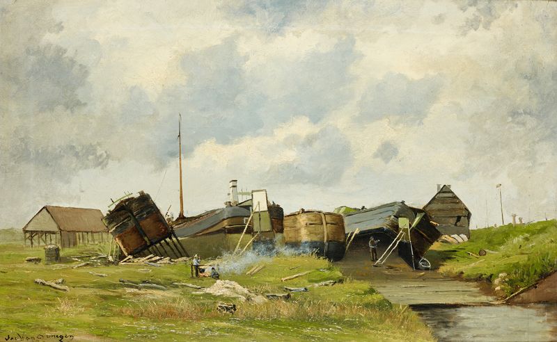 Cena marinha com barcos e nuvens de Jos Van Genegen, pintura a óleo