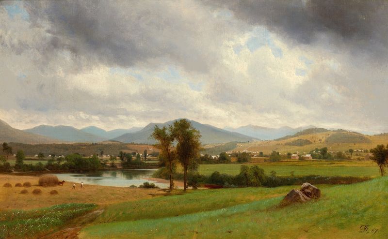 Pastoral scene oil painting by David Johnson with rolling hills and golden light.