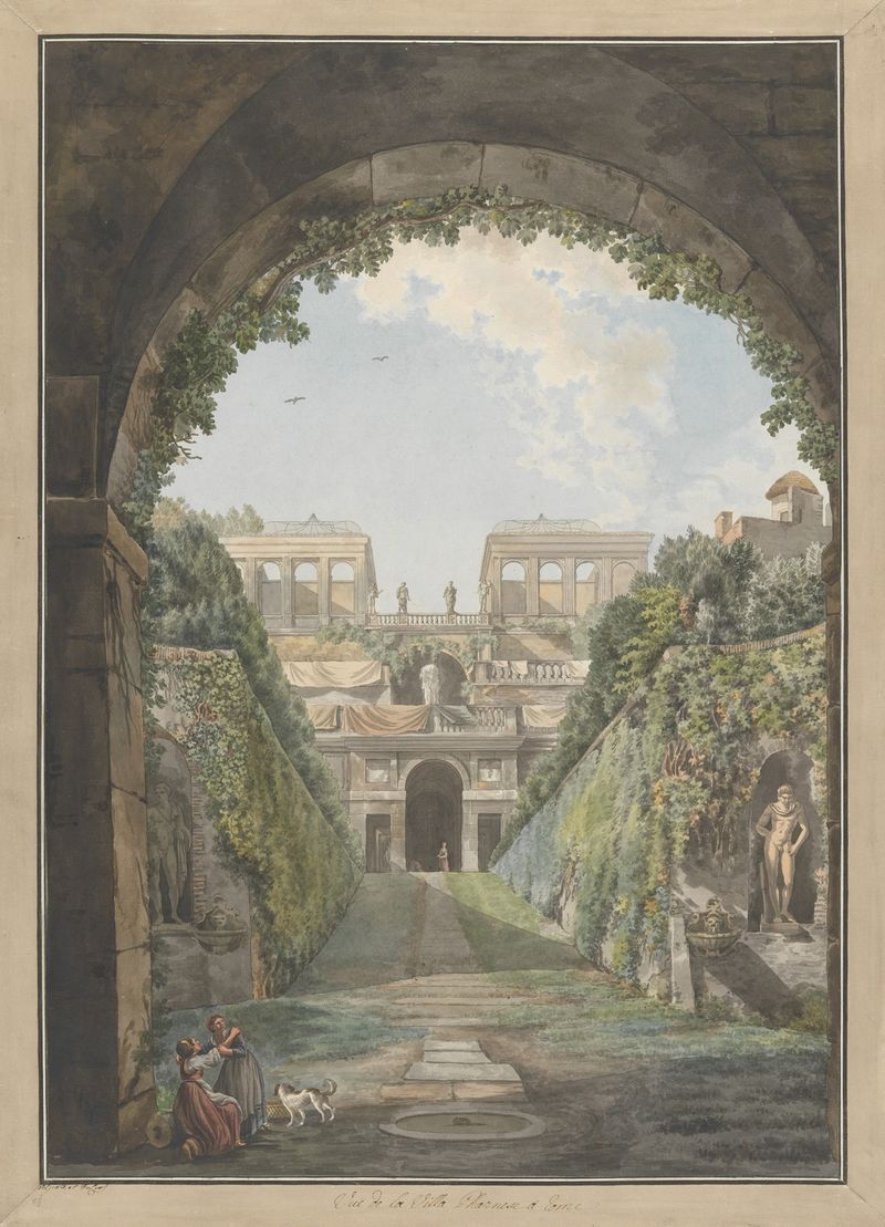 Villa Farnese de Abraham-Louis-Rodolphe Ducros, acuarela sobre papel, que muestra un paisaje sereno con vegetación exubera...
