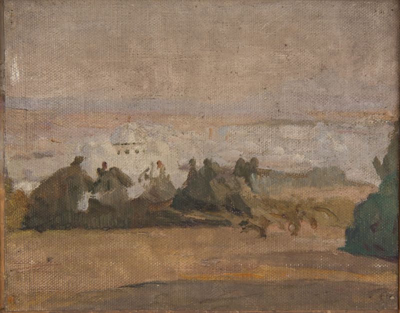 Tunis de Jan Ciągliński, óleo sobre lienzo que representa un paisaje norteafricano con colinas y arquitectura.