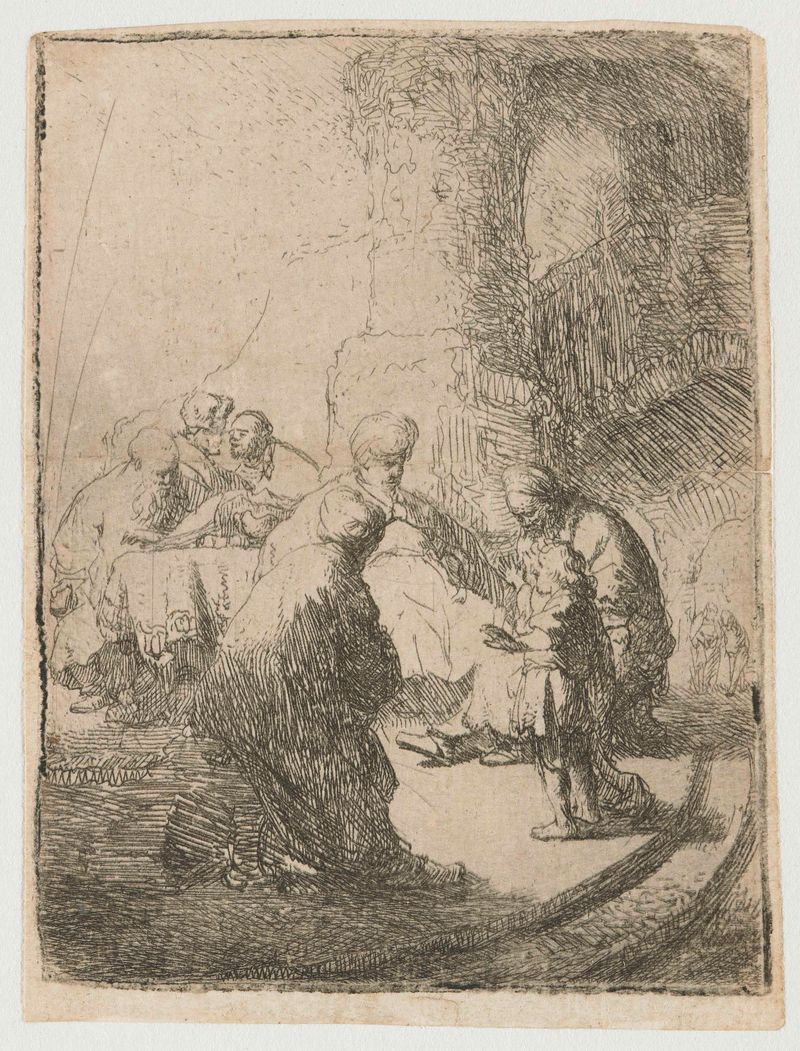 Grabado de Rembrandt van Rijn que muestra a Cristo discutiendo en un templo con adultos.