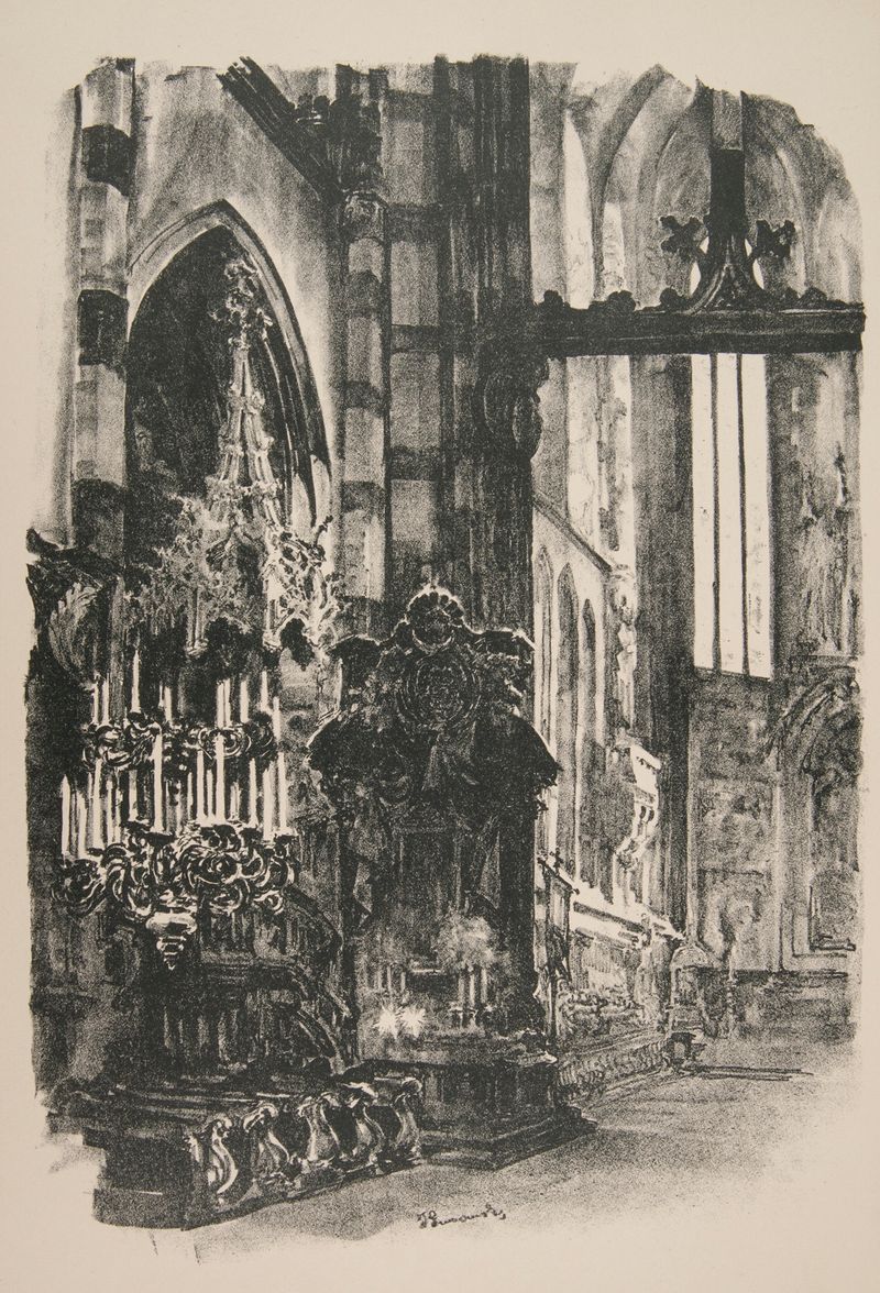 Interior de una iglesia con vitrales, óleo sobre lienzo de Jan Kanty Gumowski