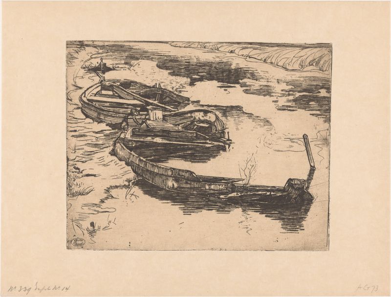 Three submerged rowing boats in a ditch, oil painting by Pieter Dupont