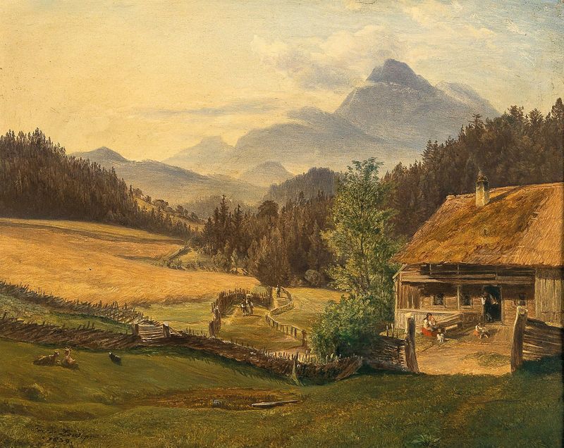 Summer landscape in the mountains by Friedrich Loos, oil painting depicting serene mountains and lush foliage.