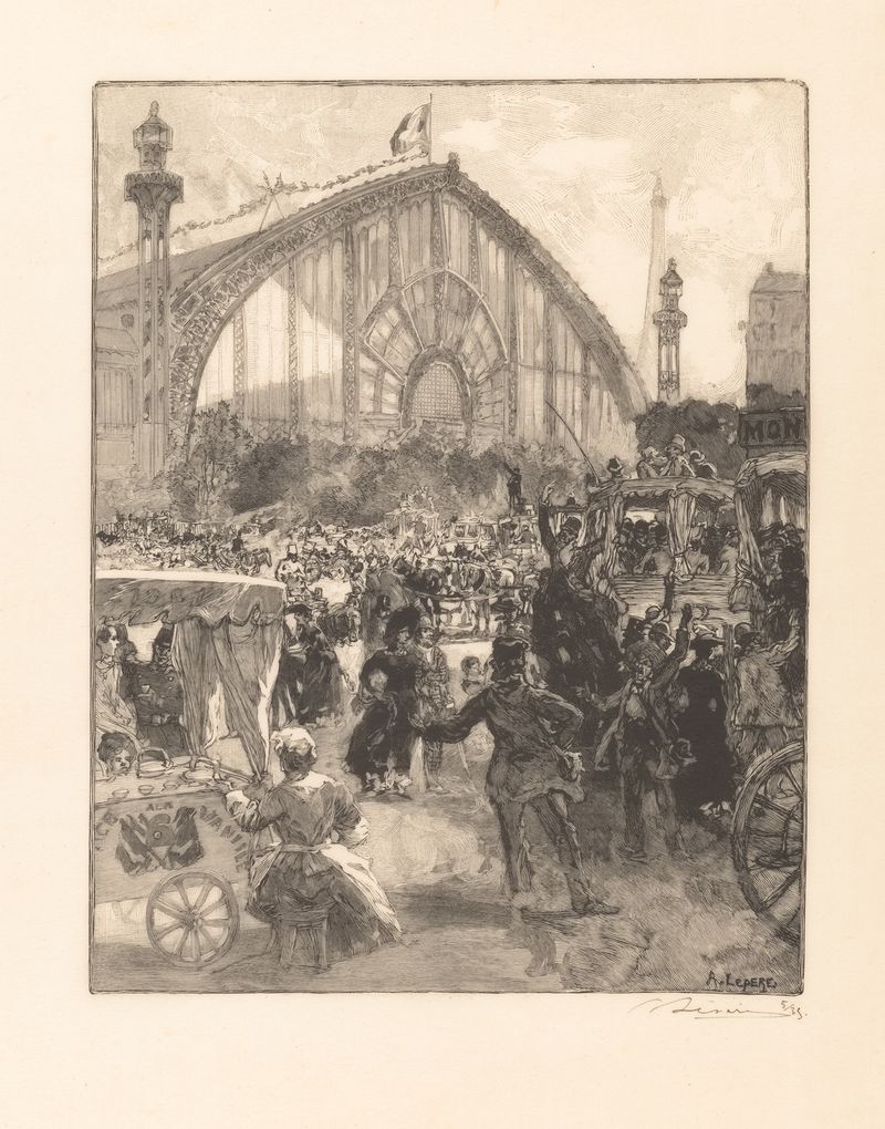 Gravura de Auguste Louis Lepère retratando maquinário e arquitetura em Le Palais de Machines