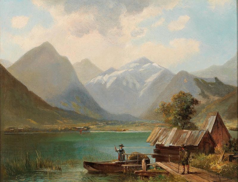 On Lake Achensee, Tyrol de Alfred Schönberger, pintura a óleo que retrata um lago tranquilo e montanhas ao redor.