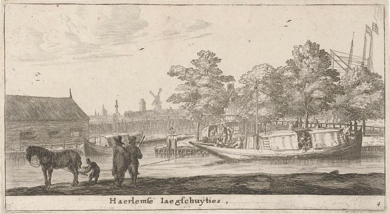 Trekschuit naar Haarlem de Reinier Nooms, grabado de un barco en aguas tranquilas.