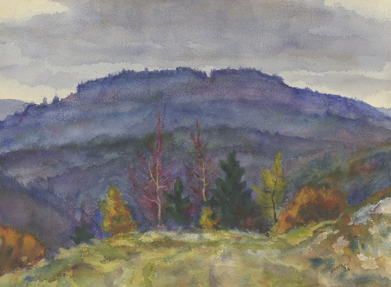 Mountain landscape by Friedrich Mook, oil painting depicting jagged peaks and a tumultuous sky.