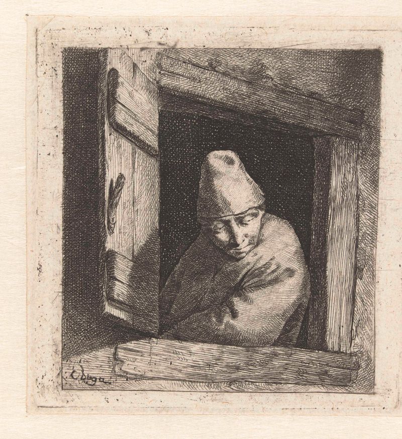 Gravura de Cornelis Pietersz. Bega apresentando um homem ao lado de uma janela aberta