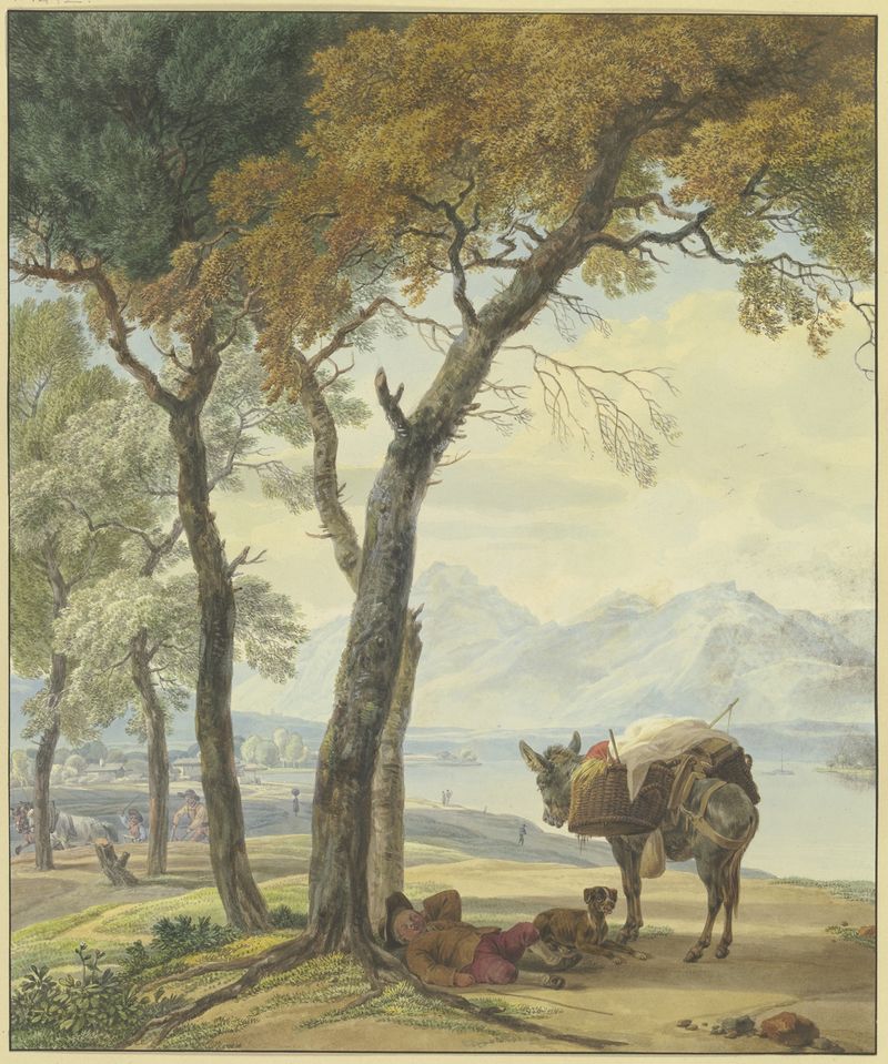 Oil painting by Wilhelm von Kobell depicting a sleeping donkey driver by a river and tree.
