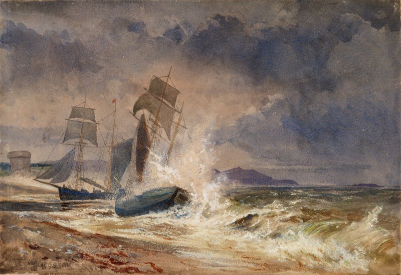 Pintura a óleo de Thomas Frederick Collier mostrando embarcações lutando contra uma tempestade em um porto.