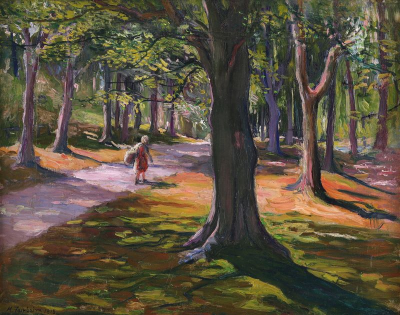 The Beech Avenue de Hilda Margaret Fairbairn, óleo sobre tela mostrando árvores de faia e um caminho.