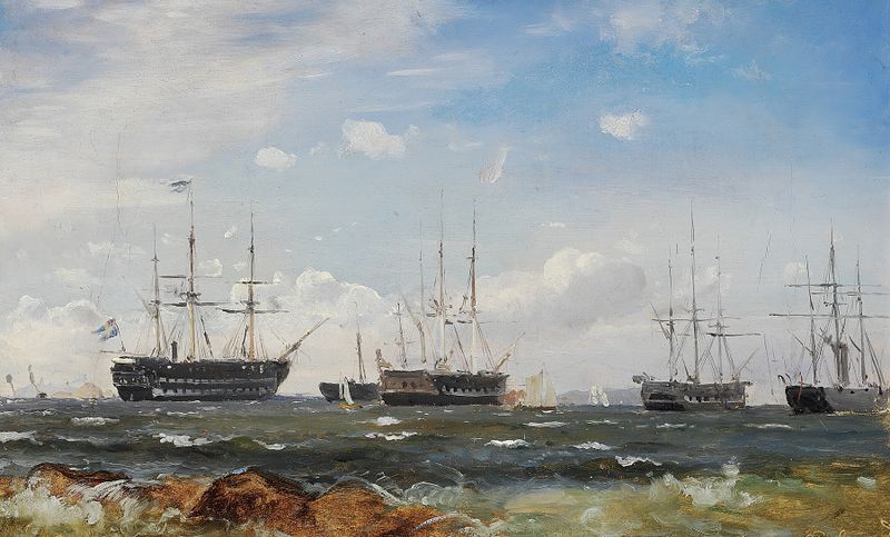 Marine scene with ships at sea, oil on canvas by Carl Frederik Sørensen