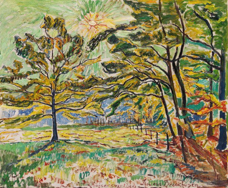 Herbstsonne de Theo Von Brockhusen, óleo sobre tela que mostra a luz do sol filtrando através das folhas de outono.