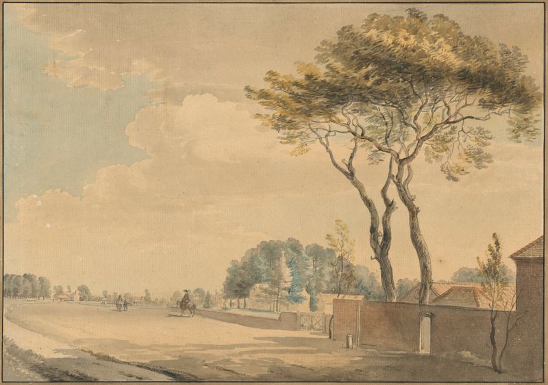 Acuarela de Paul Sandby que muestra un paisaje con árboles y jardines en Surrey.