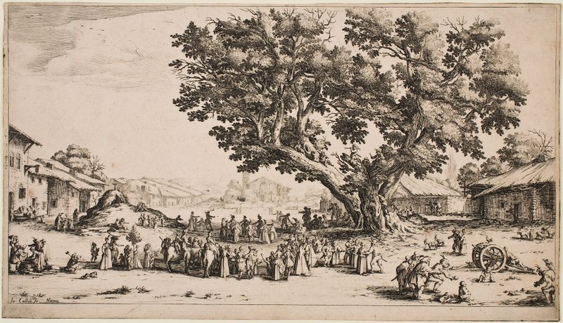 A Feira de Gondreville de Jacques Callot, gravura mostrando uma multidão animada em celebração.
