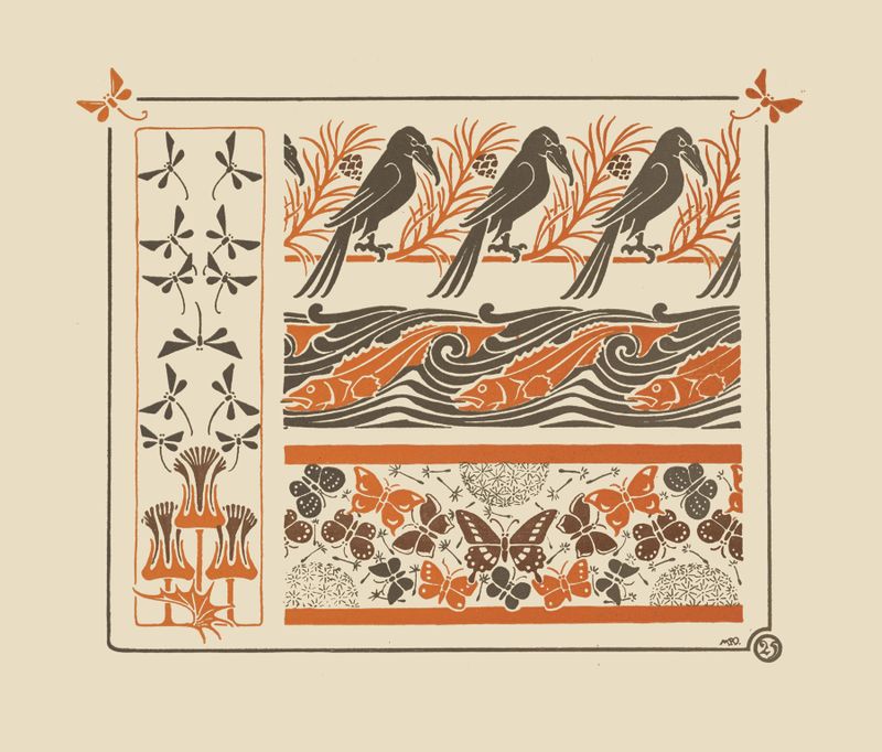 Abstract design featuring birds, fish, butterflies, dragonflies by Maurice Pillard Verneuil