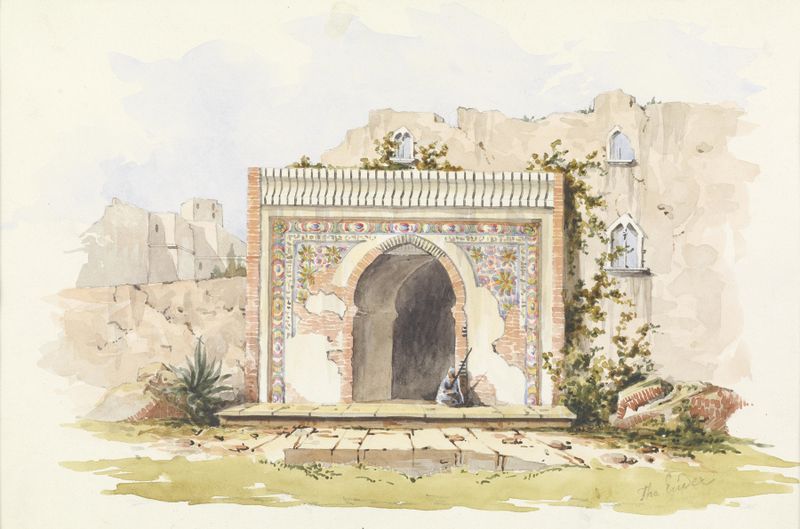 Tanger Bab el-Kasbah de Thomas Ender, pintura al óleo que representa un paisaje vibrante con arquitectura.