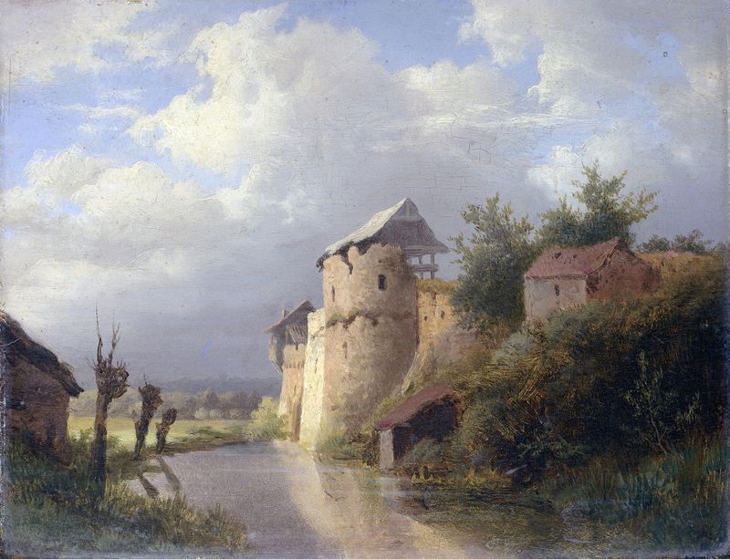 La Vieja Fortaleza de Louwrens Hanedoes, óleo sobre lienzo que representa una fortaleza al atardecer