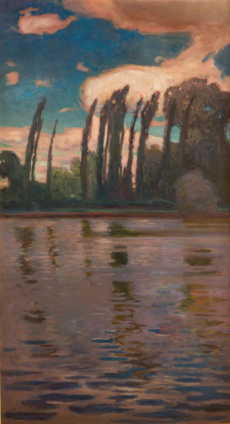 Poplars on the Water by Jan Stanisławski, impressionism, depicting tall trees and water reflections