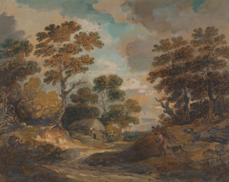 Landscape; Man Carrying Faggots by Gainsborough Dupont, oil painting depicting rolling hills.