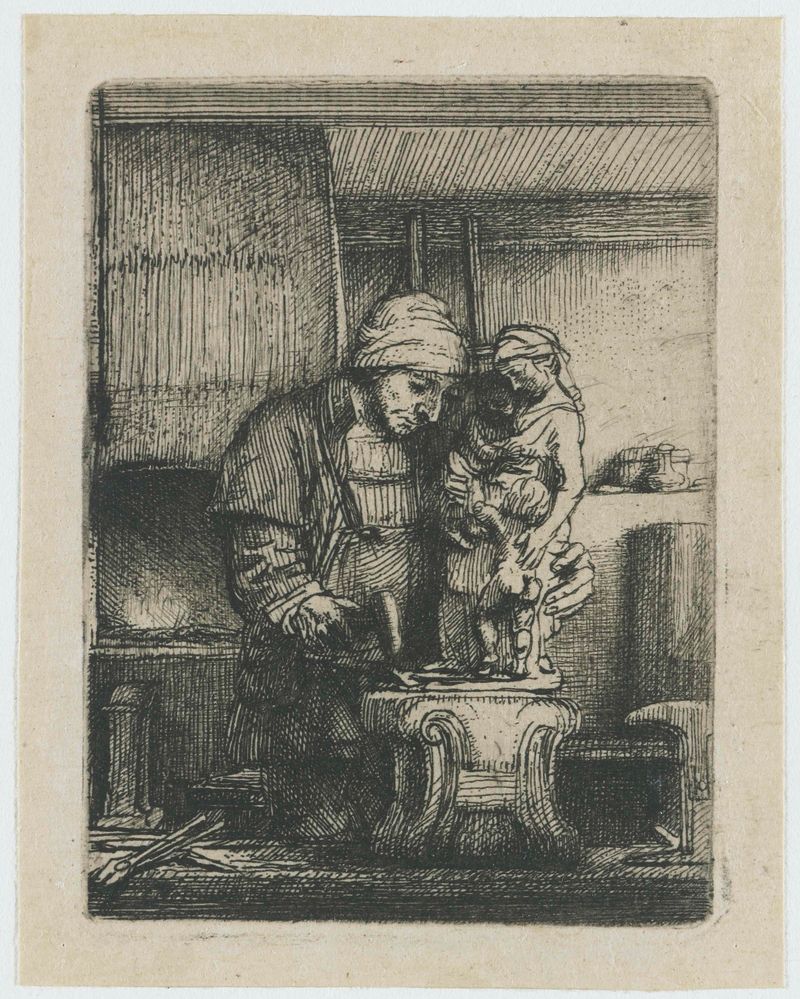 Gravura de Rembrandt van Rijn mostrando um ourives em sua oficina com ferramentas e uma estatueta.
