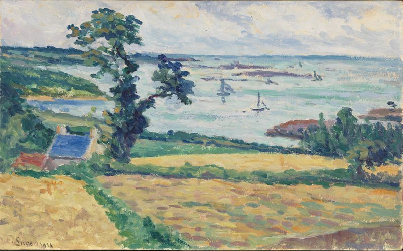 Landscape de Maximilien Luce, óleo sobre tela mostrando uma cena serena com verdes e azuis vibrantes.