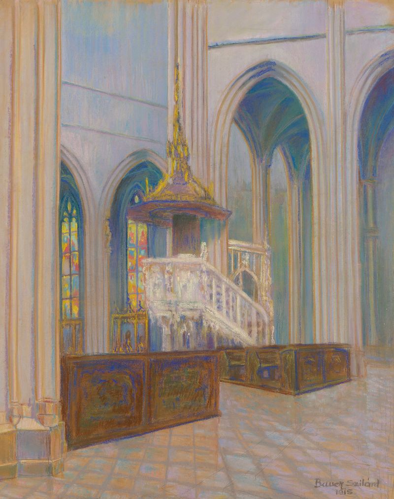 Katedrála de Konštantín Bauer, pintura a óleo de uma catedral em azuis profundos e ocres quentes.