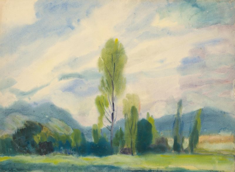 Paisaje bajo los Tatras Bajos, pintura al óleo de Zolo Palugyay, con montañas y luz dorada.