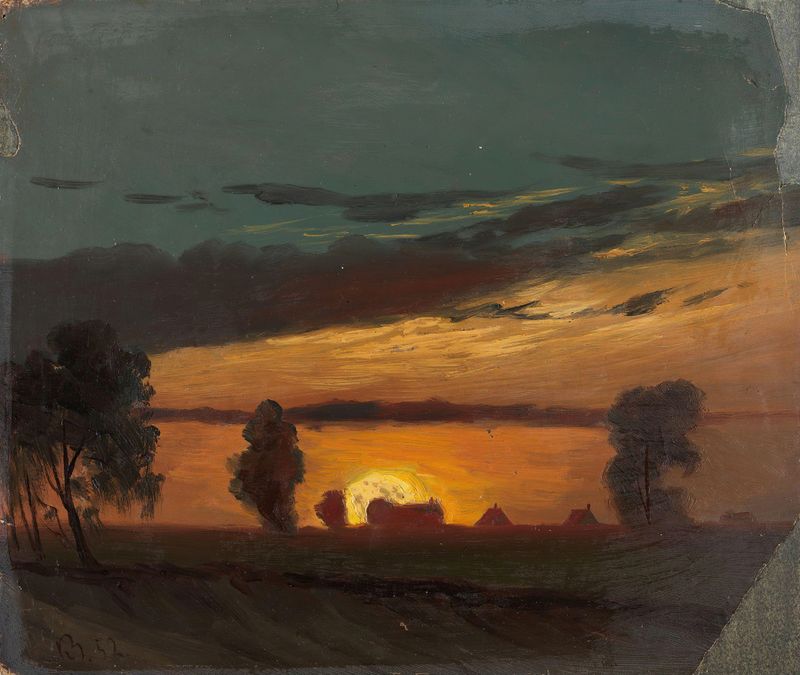 Landscape in Sunset by Knud Baade, oil painting depicting a sunset over a tranquil lake.