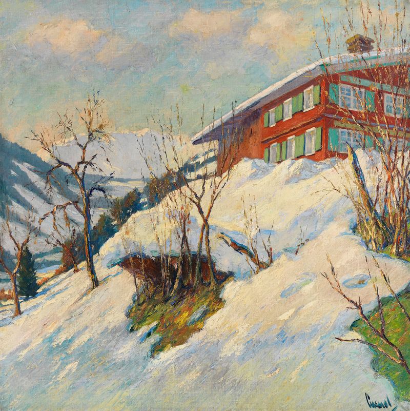 Cena de gênero com figuras em trajes de inverno em uma paisagem nevada por Edward Cucuel, pintura a óleo