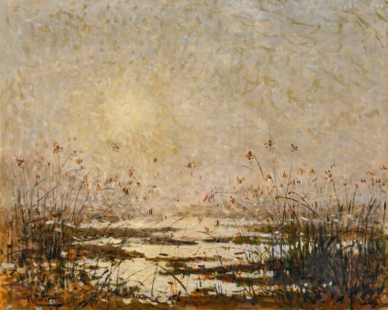 Impressionist oil painting by Pierre-Eugène Montézin depicting a sunset over tranquil waters.
