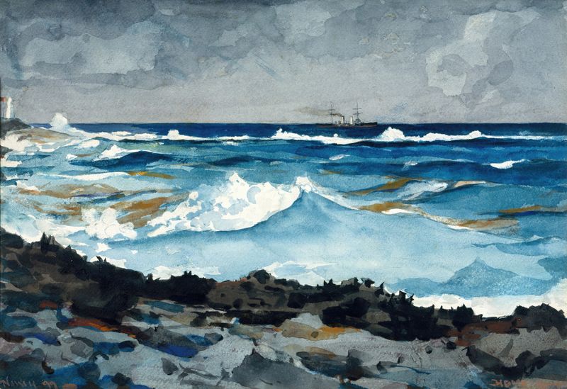 Shore and Surf, Nassau de Winslow Homer, óleo sobre tela que retrata uma cena de praia com figuras e ondas.
