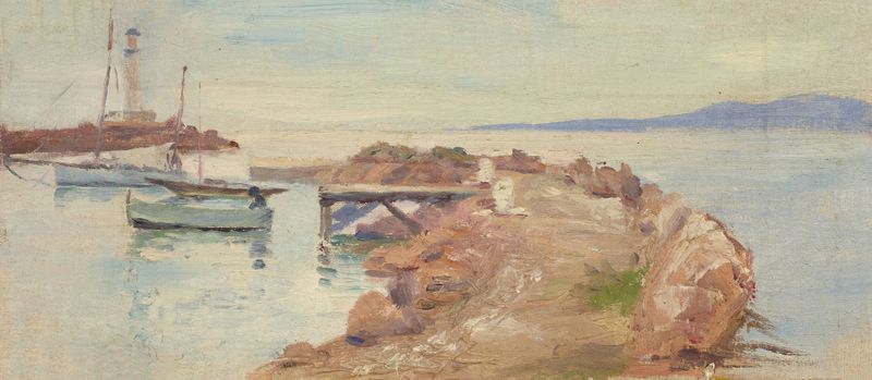 Marine scene with a vessel anchored near the shore by Jeanne Jegou-Cadart, oil painting