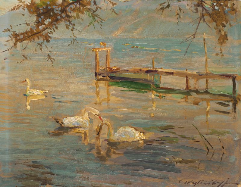Landscape by Constantin Westchiloff, oil on canvas, featuring vibrant colors and a lush environment.