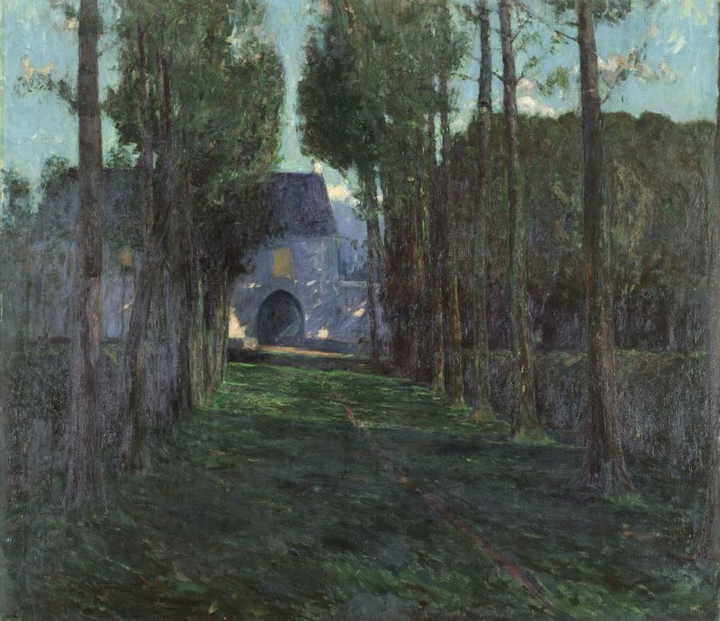 Landscape oil painting by Frans Hens depicting a tranquil dusk with vibrant colors.