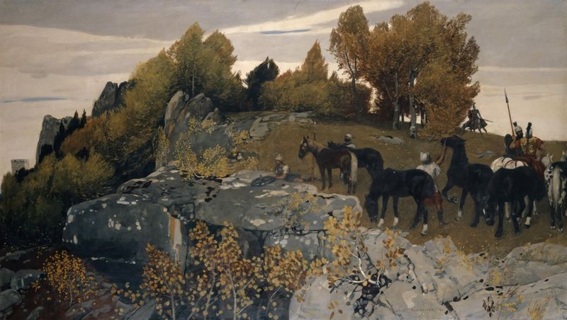 Roman Outpost on a Lofty Height, oil on canvas by Hans Sandreuter depicting mountains and a warm sky.