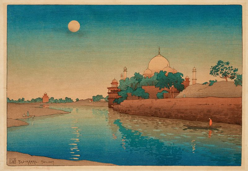 Taj Mahal, Twilight by Charles Bartlett, oil painting depicting the Taj Mahal at dusk with reflections in water.