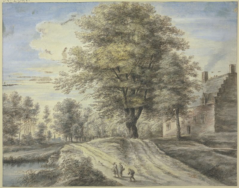 Pintura a óleo de Lucas van Uden com uma árvore, três figuras e um cachorro.