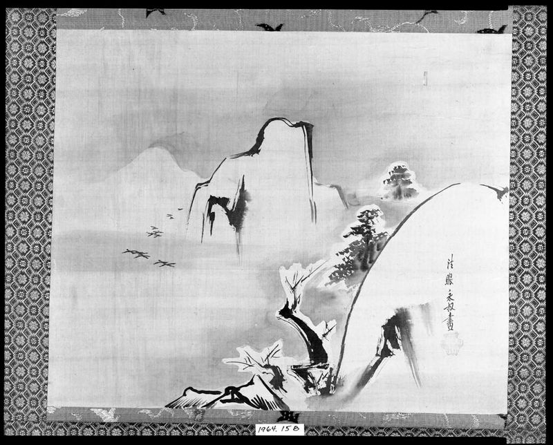 Winter Mountains de Kano Eishuku, tinta sobre seda que retrata uma paisagem nevada serena.