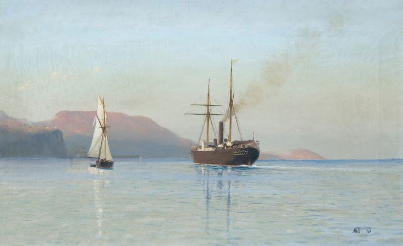A Baía em Feodosia de Lev Felixovich Lagorio, pintura a óleo que retrata uma paisagem costeira.