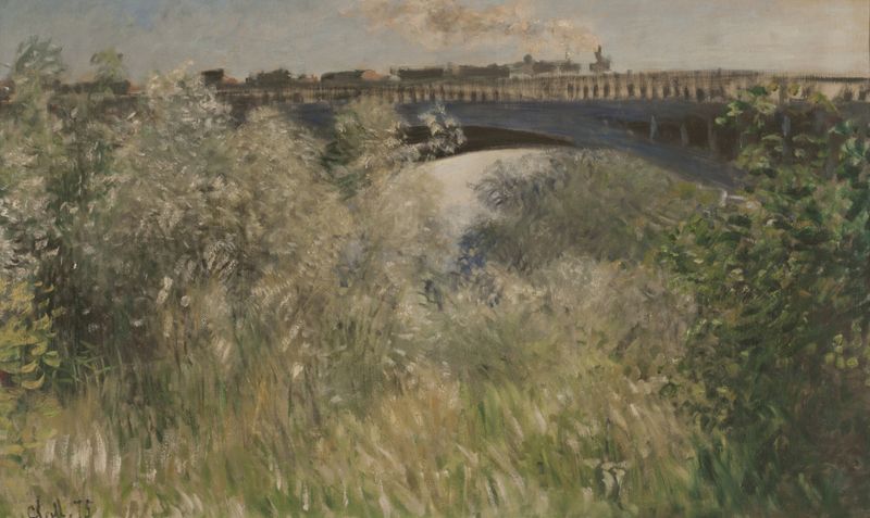 Le Pont d'Argenteuil de Claude Monet, óleo sobre tela mostrando uma ponte sobre um rio.
